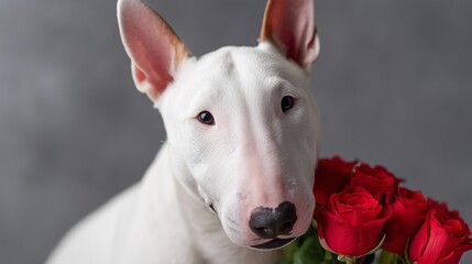 White bull terrier dog with distinctive ears is posing with a bouquet of red roses against a soft gray background, showcasing a charming and playful personality