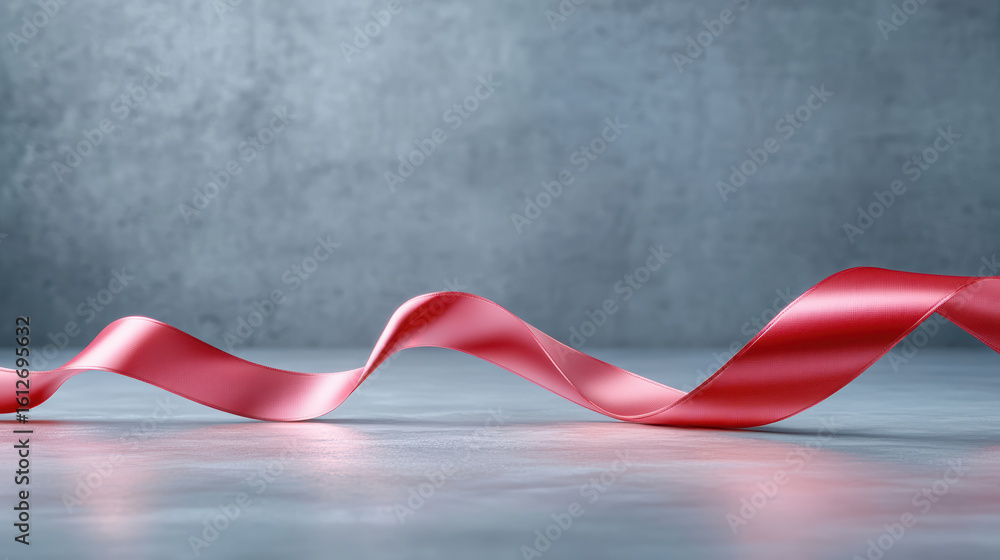 Poster flowing red ribbon gracefully twists across smooth surface, creating elegant visual