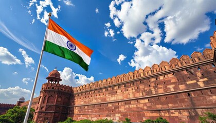 Indian flag waving beside Red Fort under blue sky on sunny day for Independence celebration. Ideal for Independence Day publishing, national pride themes, tourism, and cultural storytelling - Powered by Adobe