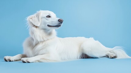 Close up portrait of a cute white dog sitting on a light blue background