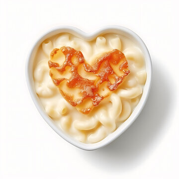 Heart-shaped bowl of creamy pasta with crispy bacon bits on top