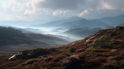 Scenic Mountain Landscape with Mist Rolling Over Green Hills and Vibrant Flora Under a Cloudy Sky at Dawn