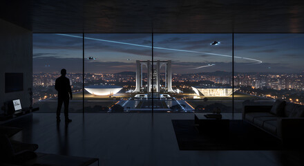 Obraz premium Silhouette of a Man in a Luxury Apartment Admiring the Illuminated Night Skyline of Brasília, Brazil.
