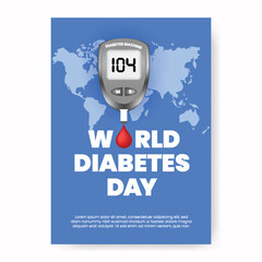 World diabetes day print flyer or poster with blood drop glucose meter illustration vector template