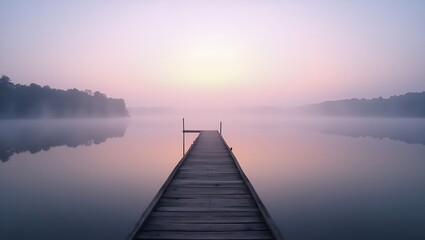 Obraz premium Sunset on the lake, bridge and fog, soft pastel colors, screensaver for your computer or phone desktop