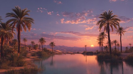 Obraz premium Serene Desert Oasis at Sunset with Lush Palm Trees and Reflective Water Under Colorful Sky