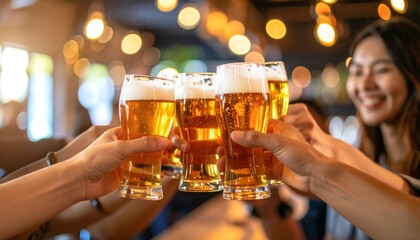 Friends raise beer glasses in toast at pub