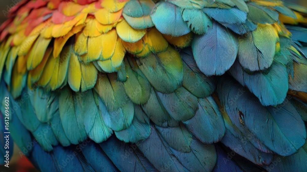 Poster vibrant array of parrot feathers in close-up.
