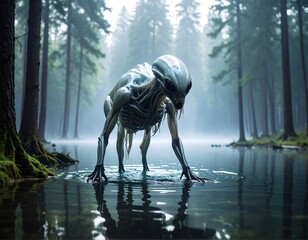 Alien creature in misty forest lake