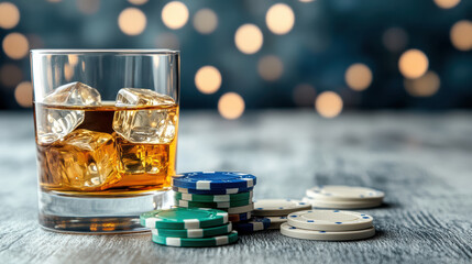Glass of whiskey with ice and stacked poker chips create moody casino vibe