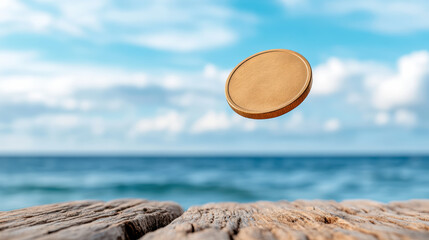 Golden coin is tossed mid air against serene ocean backdrop, evoking sense of wonder