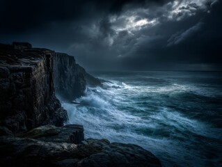 Obraz premium Dramatic Seascape with Dark Clouds and Powerful Waves Crashing Against Rugged Cliffs at Twilight