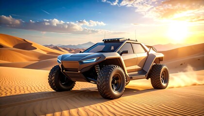 Futuristic off-road vehicle traversing sandy dunes at sunset