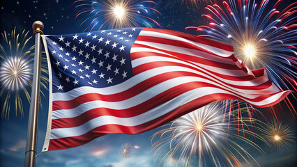 Patriotic Celebration: American Flag Waving with Fireworks Display for Independence Day, Memorial Day, and National Holiday Celebrations