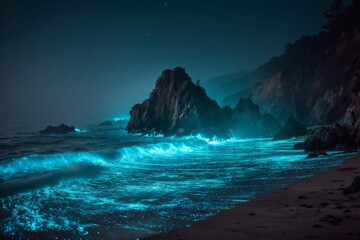 Ethereal Bioluminescent Ocean Waves Illuminating Rocky Coastline at Nighttime