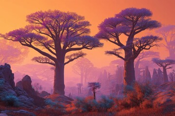 Majestic baobab trees silhouetted against a vibrant sunset in a tranquil landscape with mystical hues and enchanting atmosphere