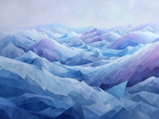 Abstract Violet and Blue Mountain Landscape with Geometric Shapes Representing a Dreamlike Icy Terrain
