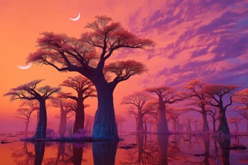 Majestic Baobab Trees Under a Vibrant Sunset with Reflections in Calm Water and Dreamy Atmospheric Colors