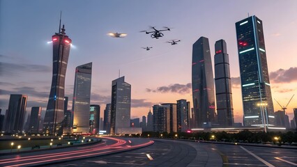 Fototapeta premium Cityscape with modern skyscrapers and drone activity at dusk with light trails from traffic below
