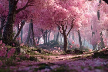 Serene Cherry Blossom Forest with Lush Pink Petals and Sunlight Illuminating the Tranquil Pathway in Springtime