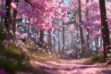 Serene Cherry Blossom Pathway Surrounded by Blooming Pink Petals in a Tranquil Forest Setting with Soft Light