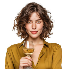 Portrait of a woman holding a glass of white wine with a happy expression isolated on transparent background
