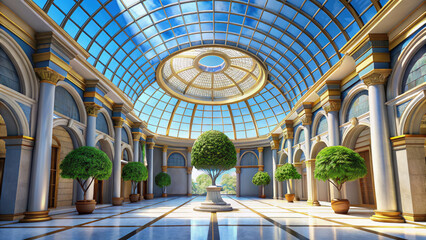 Elegant Conservatory Interior with Glass Dome and Topiary Trees, Ideal for Luxury Brands, Architectural Projects, and High-End Real Estate Marketing
