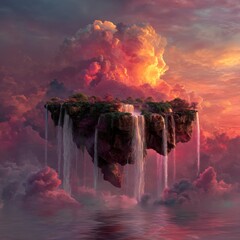 Ethereal Floating Island with Waterfalls and Dramatic Clouds in a Colorful Sky at Dusk