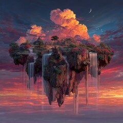 Majestic Floating Island with Waterfalls Beneath Colorful Clouds at Sunset in a Fantasy Landscape