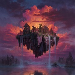 Majestic Floating Island with Lush Forest and Cascading Waterfalls Under Vibrant Dramatic Sunset Skies