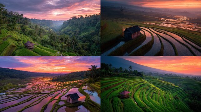 Quadruple aerial sunrise panorama showcasing vibrant rice terraces, small huts, and lush green hills in a tropical landscape