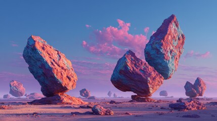 Surreal Landscape with Floating Boulders and Dreamy Clouds in Pastel Colors at Sunset