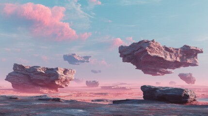 Ethereal Landscape with Floating Rocks and Colorful Clouds at Sunset in a Surreal Fantasy World