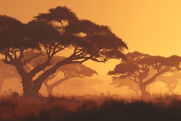 Majestic Silhouette of Acacia Trees Against a Warm Sunset in an African Savannah Landscape