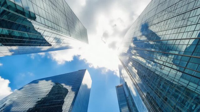 Soaring glass skyscrapers reflect a bright blue sky with fluffy white clouds, capturing the dynamism of modern urban architecture and sunny day energy.