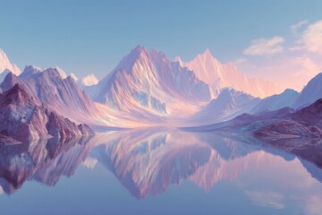 Serene Mountain Landscape at Dawn with Reflections on Calm Lake in Soft Pastel Colors