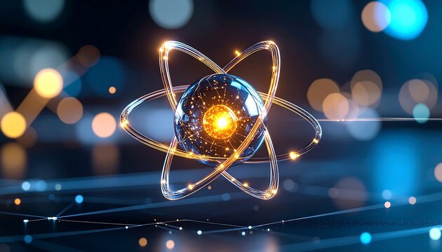 Glowing atom model on dark background - Powered by Adobe