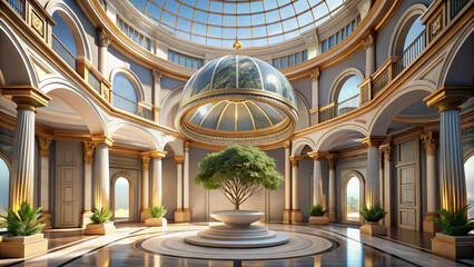 Opulent Interior with Tree: Grand Hall with Classical Architecture, Dome, and Natural Light - Ideal for Luxury Brands and High-End Design Concepts