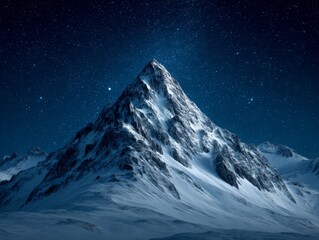 Majestic Snow-Capped Mountain Under a Starry Night Sky Capturing the Essence of Nature's Beauty and Tranquility