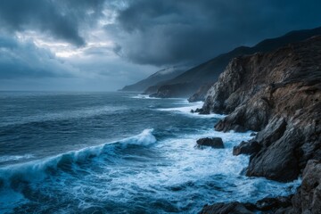 Dramatic Coastal Landscape with Turbulent Waves and Dark Clouds Over Rocky Shoreline at Dusk