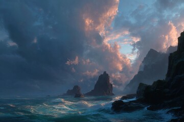 Majestic seascape with rocky cliffs, dramatic skies and waves crashing under a colorful sunset at dusk, serene ocean beauty
