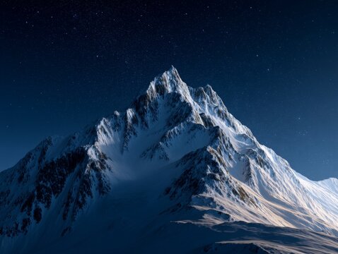 Majestic Snow-Capped Mountain Peaks Under Starry Night Sky with Moonlight Illuminating Rocky Terrain and Surrounding Landscape - Powered by Adobe
