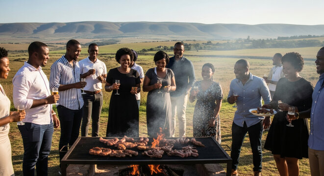 A joyful group of friends and family gather for an outdoor barbecue celebration in a scenic, rural landscape.