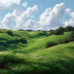 Lush Green Hills Under Blue Sky with Fluffy White Clouds in Serenity of Nature's Beauty and Tranquility