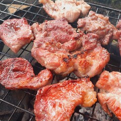 Pork grilled on a charcoal grill