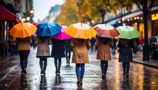 Colorful Umbrellas Shielding People Walking on Wet City Street During Autumn Rain