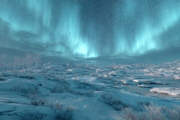 Enchanting Winter Landscape with Northern Lights Illuminating the Starry Sky Over a Snow-Covered Terrain
