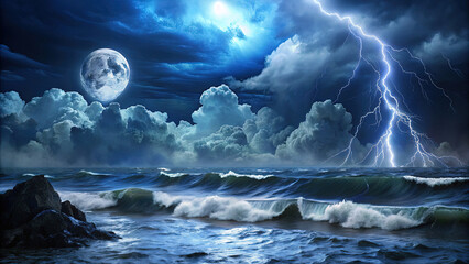 Dramatic Seascape at Night: Lightning Storm Over Ocean Waves with Full Moon. Powerful Nature Scene for Backgrounds, Wall Art, and Creative Projects.