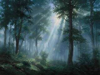 Serene Forest Landscape with Sunlight Rays Illuminating a Misty Woodland Scene