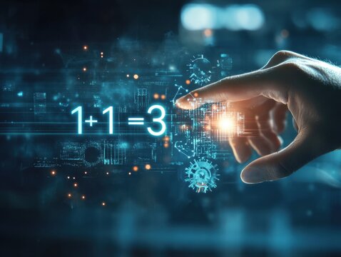 A human hand reaches out to touch a glowing digital display showing the equation 1+1=3. The background features abstract technology patterns and glowing circuits, emphasizing innovation.